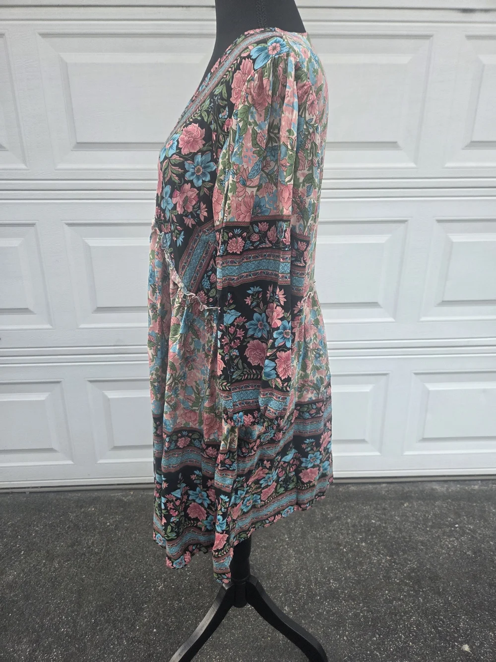 BTFBM Floral Boho Babydoll Mini Dress Pink Blue Long Sleeve V-Neck Size M - Picture 7 of 14